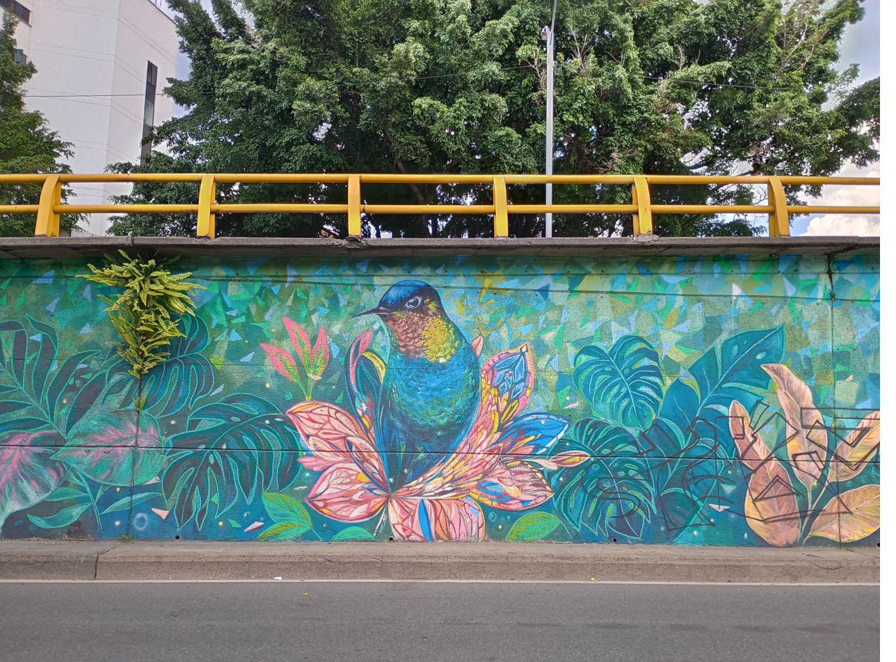 Hummingbird and tropical flowers mural — street art along the Medellín river